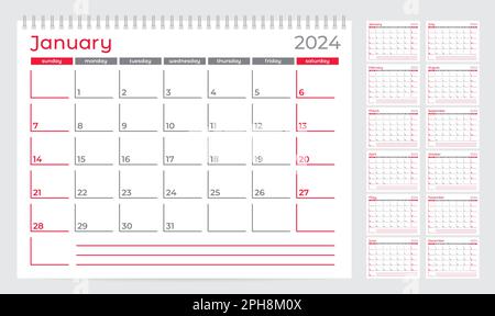 Modello del pianificatore di Calendario 2024. La settimana inizia la domenica. Set di 12 mesi. Illustrazione vettoriale Illustrazione Vettoriale