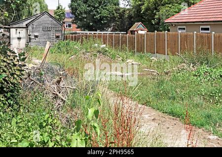 Tra le guerre week-end cottage & giardino è diventato vacante & venduto come terreno di costruzione trama per la nuova casa ritardata da Covid 19 pandemia erbacce maggiorate Inghilterra Regno Unito Foto Stock