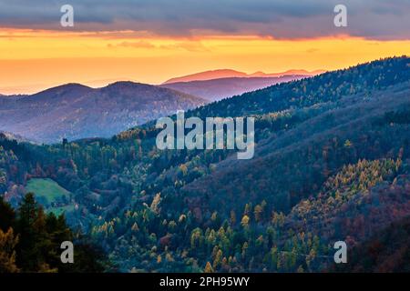 Paesaggio alpino slovacco, valle con foresta colorata, bel cielo al tramonto. Fine autunno. Vista dall'alto. Area protetta Vrsatec, Slovacchia Foto Stock