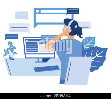 Lavorare in call center, servizio di assistenza, hotline. Operatore di cuffie/auricolari che parla con clienti, clienti aziendali, assistenza e consulenza online, flat vector Illustrazione Vettoriale