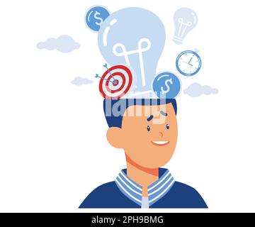 testa idea lampadina obiettivo pensiero creativo. processo di riflessione sul brainstorming, il capo del team di progetto pensa subito per risolvere i problemi e trovare answe Illustrazione Vettoriale