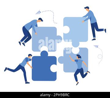 Concetto aziendale. Metafora del team. Persone che collegano elementi puzzle, simbolo del lavoro di squadra, cooperazione, partnership, vettore piatto moderna illustrazione Illustrazione Vettoriale