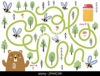 Puzzle labirinto per bambini. Aiuto orso carino trovare il modo di miele vaso. Pagina attività Illustrazione Vettoriale