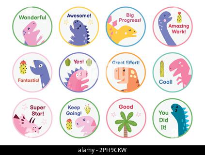 Ricompensa collezione adesivi con graziosi dinosauri. Gli insegnanti premiano i badge con divertenti dinos Illustrazione Vettoriale