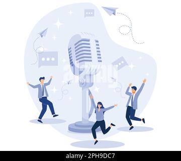 Informazioni sui messaggi vocali. Le persone più piccole usano il microfono per registrare il messaggio. Disegno vettoriale piatto moderno. Illustrazione Vettoriale