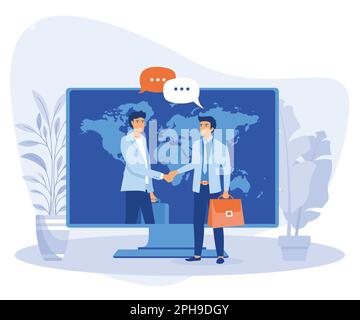 conclusione online della transazione. l'apertura di un nuovo avvio. handshake aziendale, tramite telefono e computer portatile, grafica vettoriale piatta moderna Illustrazione Vettoriale