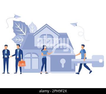Acquisto di una casa, chiavi di casa, protezione e sicurezza, affitto di immobili e chiavi in mano, vettore appartamento moderna illustrazione Illustrazione Vettoriale