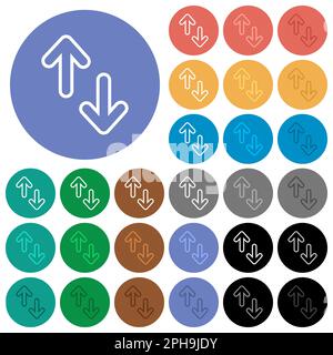 Trasferimento dati contorno icone piatte multicolore su sfondi rotondi. Sono incluse le variazioni delle icone bianche, chiare e scure per l'effetto di stato attivo e al passaggio del mouse Illustrazione Vettoriale