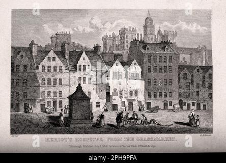 Heriot's Hospital visto dal Grassmarket, Edimburgo Scozia, acquaforte vintage dal 1841 Foto Stock