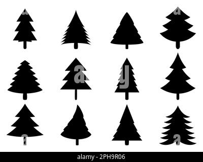 Gli alberi di natale neri sono isolati su sfondo bianco. Silhouette dell'albero di Natale. Disegno dell'albero di natale per poster, banner e materiale promozionale Illustrazione Vettoriale