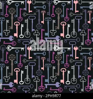 Motivo vintage senza cuciture con diversi tasti di colore antico su sfondo nero. Illustrazione Vettoriale
