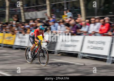 Barcellona, Barcellona, Spagna. 26th Mar, 2023. Il volta a Catalunya termina la sua 120th° edizione con la settima tappa a Barcellona. Il generale della gara è stato preso dallo sloveno Primoz Roglic con Evenepoel al secondo posto a 6'' e Almeida, terzo a 2' e 11' (Credit Image: © Marc Asensio Clupes/ZUMA Press Wire) SOLO PER USO EDITORIALE! Non per USO commerciale! Foto Stock