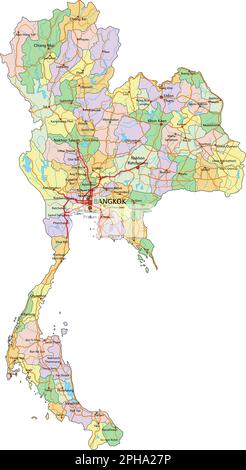 Thailandia - Mappa politica modificabile molto dettagliata con etichettatura. Illustrazione Vettoriale