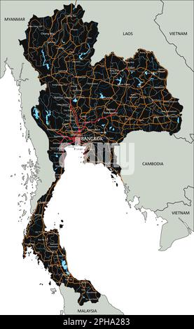 Mappa stradale dettagliata della Thailandia con etichettatura. Illustrazione Vettoriale