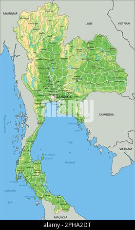 Mappa fisica della Thailandia molto dettagliata con etichettatura. Illustrazione Vettoriale