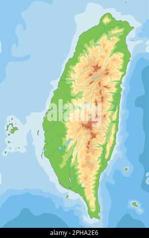 Mappa fisica di Taiwan molto dettagliata. Illustrazione Vettoriale