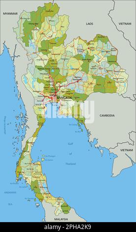 Mappa politica modificabile estremamente dettagliata con livelli separati. Thailandia. Illustrazione Vettoriale