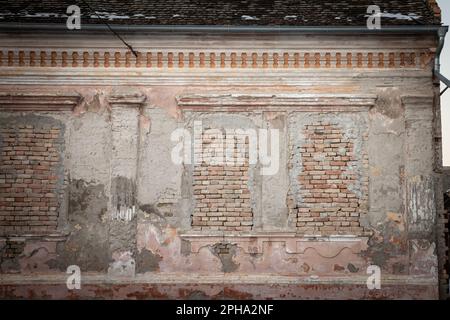 Foto di una fattoria abbandonata in Vojvodina, in Serbia, con la facciata della sua casa principale gravemente danneggiata e decadente con murata, aggirata Foto Stock