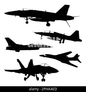 Set di silhouette di velivoli militari su sfondo bianco. Illustrazione vettoriale Illustrazione Vettoriale