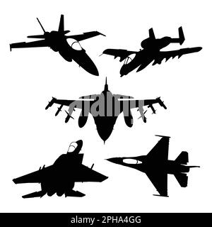 Set di silhouette di velivoli militari su sfondo bianco. Illustrazione vettoriale Illustrazione Vettoriale
