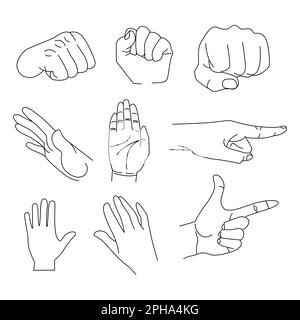 Set di gesti delle mani. Illustrazione vettoriale disegnata a mano in stile doodle Illustrazione Vettoriale