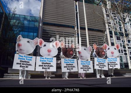 Londra, Regno Unito. 27th marzo 2023. Gli attivisti DI PETA con enormi maschere di topo e ratto hanno messo in scena una protesta al di fuori dell'Ufficio domestico, che è responsabile della regolamentazione degli esperimenti sugli animali. PETA chiede al governo britannico di introdurre una politica che vieta i test di nuoto forzato con topi e ratti, che l'organizzazione per i diritti degli animali definisce 'crudeli?, 'inutili? E 'arcaici?. Credit: Vuk Valcic/Alamy Live News Foto Stock