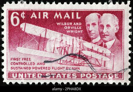 Wilbur e Orville Wright su francobollo vintage per posta aerea Foto Stock