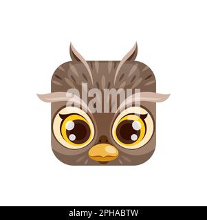 OWL cartone animato kawaii faccia quadrata animale, isolato vettore foresta uccello carattere ritratto con grandi occhi rotondi. Pulsante app, icona, elemento grafico Illustrazione Vettoriale