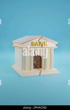 Edificio della banca che si scomposizione su sfondo blu. illustrazione 3d. Foto Stock