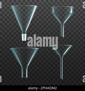 Imbuto in vetro, becher per filtrazione da laboratorio e chimica trasparente realistica, matraccio in vetro vettoriale. Provetta con imbuto in vetro da 3D ml, vetreria chimica da laboratorio, test Illustrazione Vettoriale