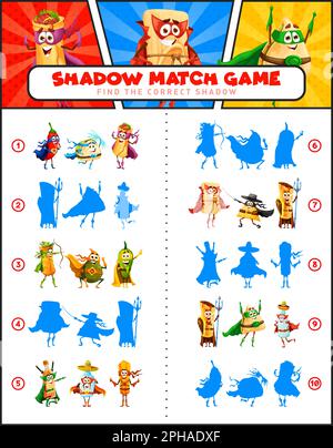 Shadow match game personaggi supereroi del cibo messicano in fumetti retrò. Foglio di lavoro vettoriale per bambini con cartoni animati tex mex chili, tacos, burrito e avocado. JAL Illustrazione Vettoriale