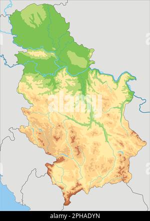 Mappa fisica della Serbia molto dettagliata. Illustrazione Vettoriale