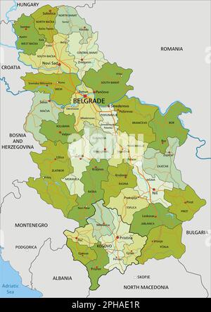 Mappa politica modificabile estremamente dettagliata con livelli separati. Serbia. Illustrazione Vettoriale