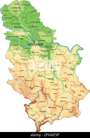 Mappa fisica della Serbia estremamente dettagliata con etichettatura. Illustrazione Vettoriale