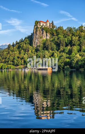 Castello di Bled sul lago di Bled, fortezza medievale arroccata su una rupe boschiva, nel nord della Slovenia. Foto Stock