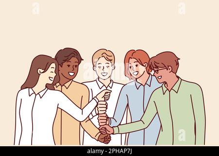 Felice e diversificato team di dipendenti che festeggia il successo toccando con pugni al centro e godendo di lavorare insieme. Le persone positive collaborano per ottenere i migliori risultati e soddisfare i KPI Illustrazione Vettoriale
