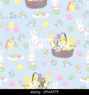 Modello senza cuciture con coniglietti bianchi carini, fiori e uova di Pasqua Illustrazione Vettoriale