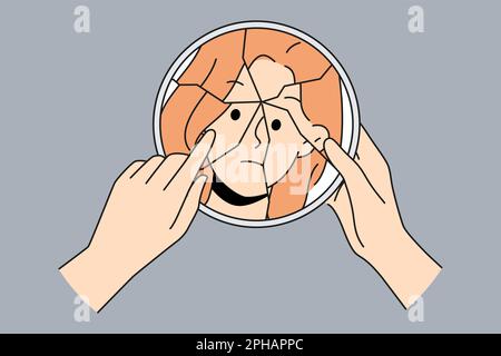 Donna guardare in specchio rotto soffrono di disturbo bipolare. La ragazza infelice lotta con disturbo di personalità. Problemi mentali e psicologici. Illustrazione vettoriale. Illustrazione Vettoriale