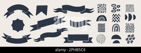 Bandiera retrò e banner a nastro. Badge vintage, banner, nastro, bandiera e altri elementi di design disegnati a mano. Vettore infografico disegnato a mano Illustrazione Vettoriale