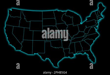 Stati Uniti d'America contorno mappa blu al neon segno su sfondo nero Foto Stock