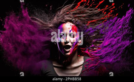 Pittura di una giovane donna con i colori volanti dei capelli Foto Stock