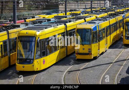 Essen, Renania settentrionale-Vestfalia, Germania - i tram si trovano nel deposito dello sciopero di avvertimento di Ruhrbahn, Verdi e EVG. Foto Stock