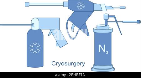 Strumenti criogenici per criochirurgia con linee vettoriali. Raffreddamento ad azoto liquido per trattamento criogenico. Terapia con ghiaccio per lesioni benigne e maligne. Illustrazione Vettoriale