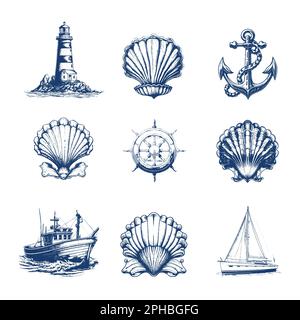Scarafaggi marini con navi, barche e ancoraggi nautici. Illustrazioni vettoriali in stile disegnato a mano. Illustrazione Vettoriale