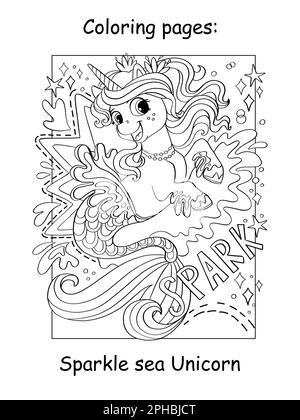 Carino bello unicorno di mare unicorno con scritta scintilla Cartoon vettore illustrazione. Pagina libro da colorare per bambini con modello colore. Per la colorazione, educat Illustrazione Vettoriale