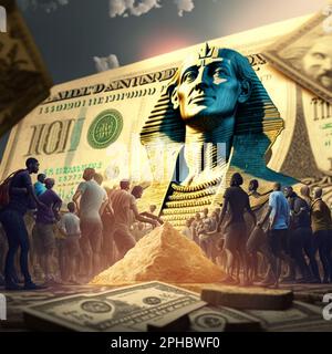 Un gruppo eterogeneo di persone si è riunito intorno a una scatola di denaro a forma di piramide, con una persona in primo piano che guarda direttamente nella fotocamera Foto Stock