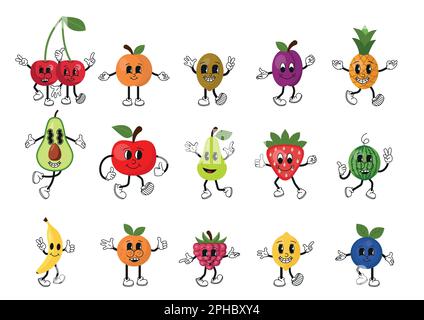 Imposta i personaggi dei cartoni animati retrò. Illustrazione moderna con simpatici personaggi del fumetto. Scarabei disegnati a mano di personaggi comici. Allestito in una moderna cartostia Illustrazione Vettoriale