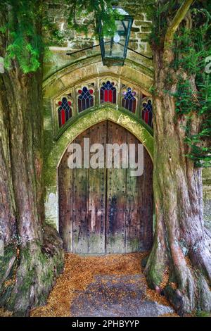 Porta di legno della chiesa di St Edwards con due antichi alberi di tasso, Stow-on-the-wold, Cotswolds, Regno Unito Foto Stock