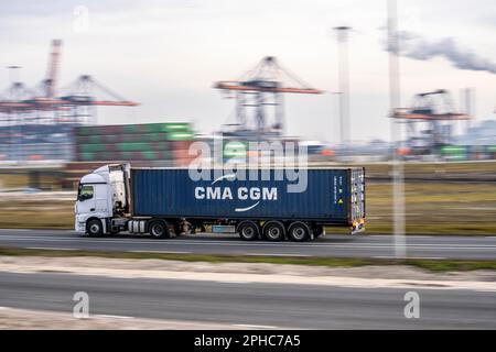 Camion container, che porta container al terminal container Euromax, il porto marittimo di Rotterdam, Paesi Bassi, porto di mare profondo Maasvlakte 2, su un MAN-ma Foto Stock