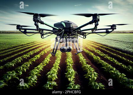 Agricoltura drone volare a fertilizzante spruzzato su campi giardino fattoria Foto Stock